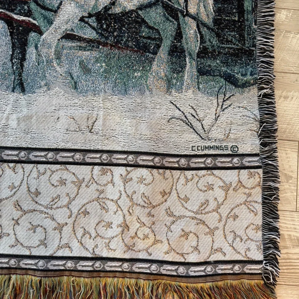 VTG C Cummings Horses Winter Sleigh Woven Tapestry Throw Blanket RARE White